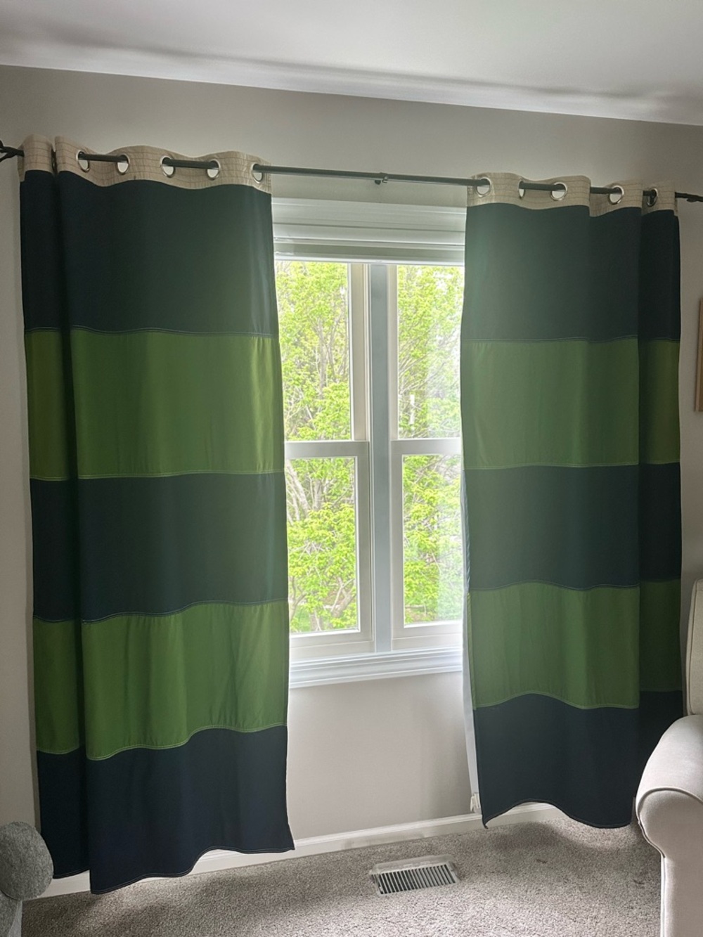 Pottery Barn Kids green navy colorblock blackout curtains 44” x 84” (2 panels)